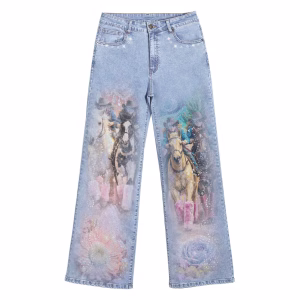 "Dreamy Cowgirl" Rhinestone & Floral Wide-Leg Printed Denim Jeans by JR JEANIUS WEAR