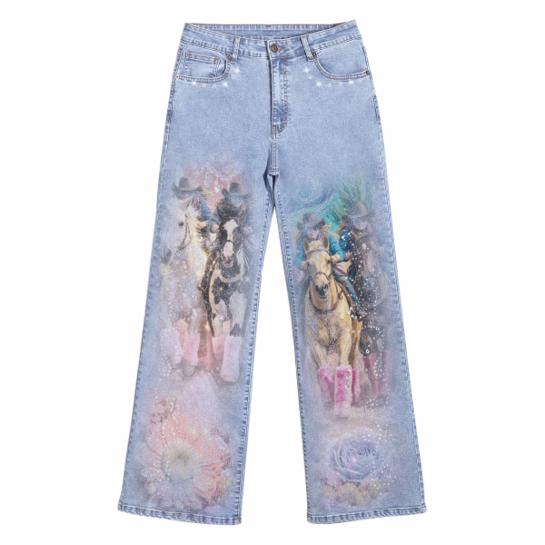 "Dreamy Cowgirl" Rhinestone & Floral Wide-Leg Printed Denim Jeans by JR JEANIUS WEAR