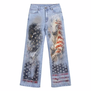 "Dreamy Cowgirl" Rhinestone & Floral Wide-Leg Printed Denim Jeans by JR JEANIUS WEAR