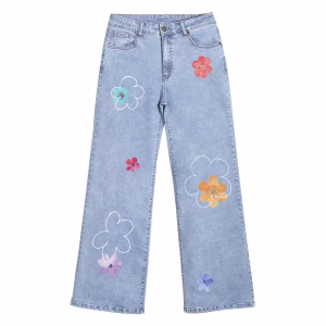 "Daydream Doodle" Hand-Drawn Floral Wide-Leg Printed Jeans by JR JEANIUS WEAR