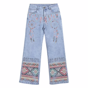 "Boho Dreamcatcher" Tribal Pattern Wide-Leg Printed Jeans by JR JEANIUS WEAR