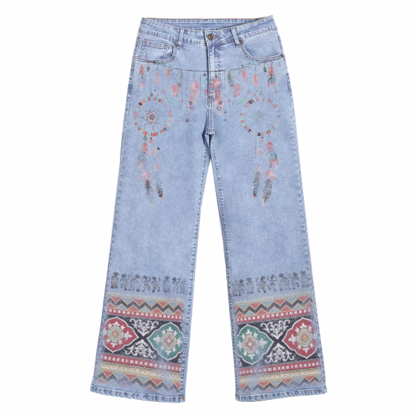 "Boho Dreamcatcher" Tribal Pattern Wide-Leg Printed Jeans by JR JEANIUS WEAR