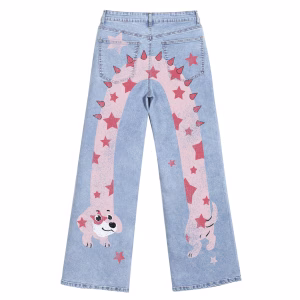 "Starry Slinky Dog" U-Shaped Back Printed Wide-Leg Jeans by JR JEANIUS WEAR