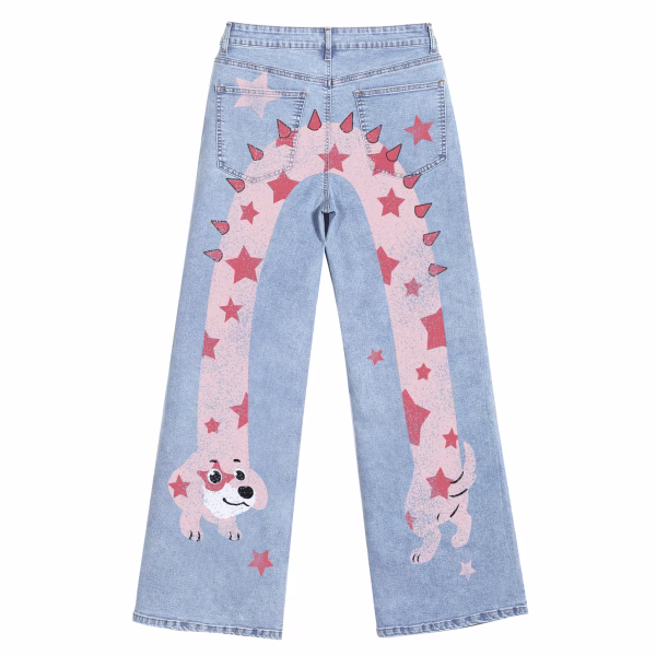 "Starry Slinky Dog" U-Shaped Back Printed Wide-Leg Jeans by JR JEANIUS WEAR
