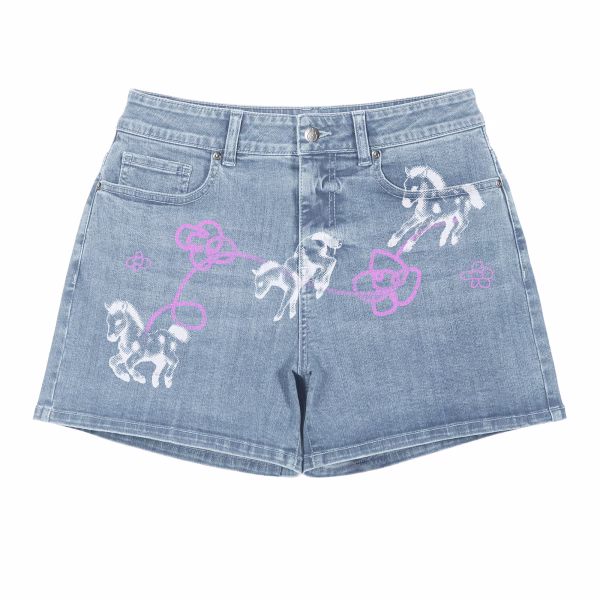 "Pixel Pony & Pink Doodle" Printed Denim Shorts by JR JEANIUS WEAR