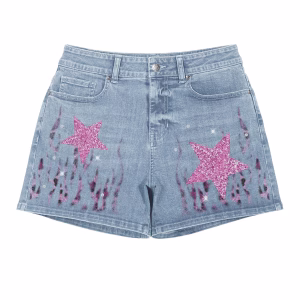 "Glitter Star & Tribal Flame" Printed Denim Shorts by JR JEANIUS WEAR
