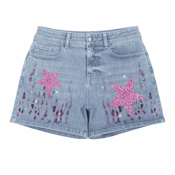 "Glitter Star & Tribal Flame" Printed Denim Shorts by JR JEANIUS WEAR