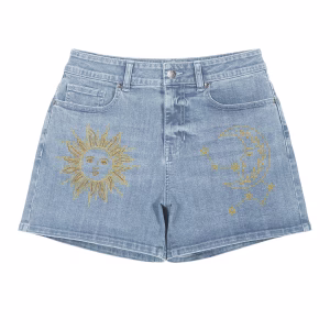 "Celestial Gold" Sun & Moon Line Art Denim Shorts by JR JEANIUS WEAR