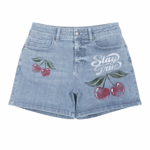 "Stay True" Vintage Cherry Printed Denim Shorts by JR JEANIUS WEAR