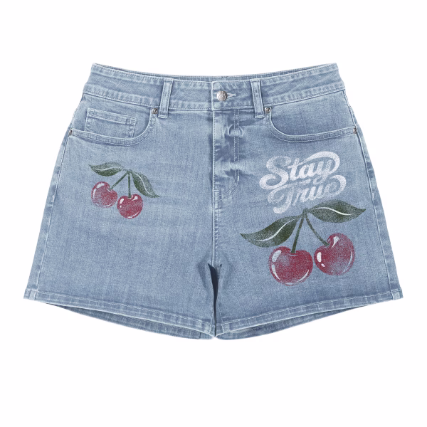"Stay True" Vintage Cherry Printed Denim Shorts by JR JEANIUS WEAR