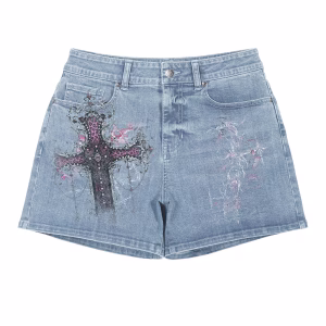 "Gothic Leopard Cross" Asymmetrical Denim Shorts by JR JEANIUS WEAR