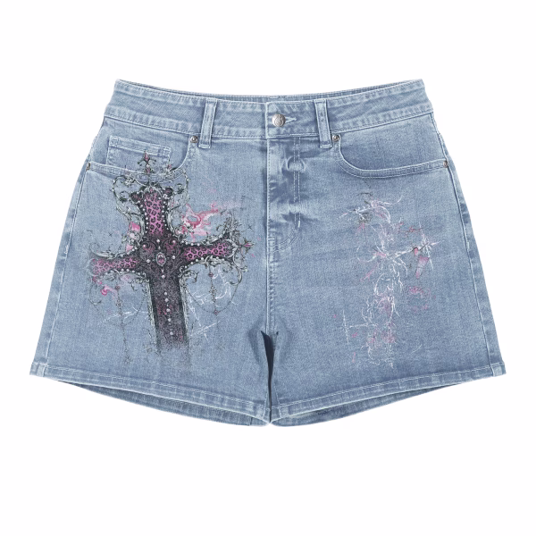 "Gothic Leopard Cross" Asymmetrical Denim Shorts by JR JEANIUS WEAR