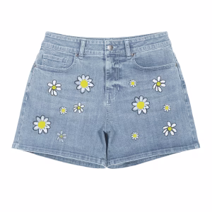 "Smiley Daisy" Scattered Floral Print Denim Shorts by JR JEANIUS WEAR
