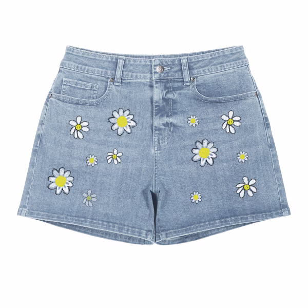"Smiley Daisy" Scattered Floral Print Denim Shorts by JR JEANIUS WEAR