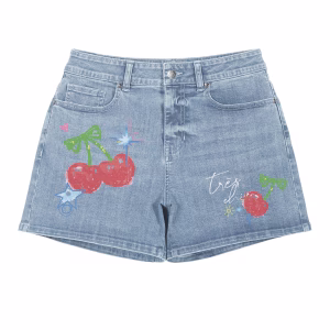 "Très Chic" Hand-Drawn Cherry Printed Denim Shorts by JR JEANIUS WEAR