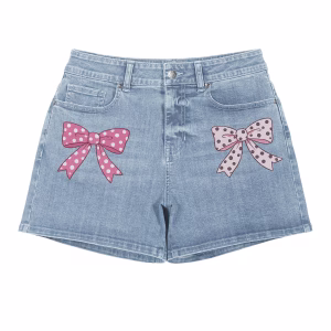 "Polka Dot Coquette" Asymmetrical Bow Printed Denim Shorts by JR JEANIUS WEAR