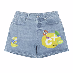 "Vitamin C+" Lemon Sticker Pop-Art Denim Shorts by JR JEANIUS WEAR