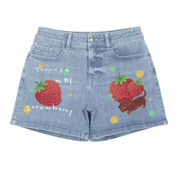 "Strange Strawberry" Dachshund & Fruit Printed Denim Shorts by JR JEANIUS WEAR