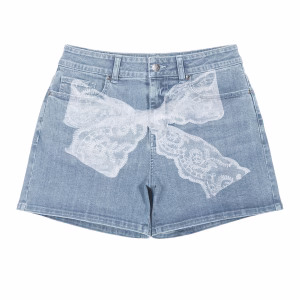 "Lace Illusion" Oversized Bow Printed Denim Shorts by JR JEANIUS WEAR