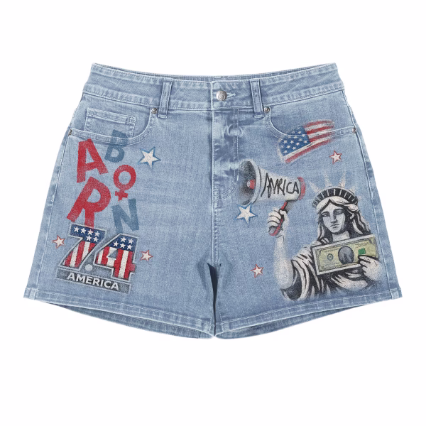 "Liberty Pop Art" Born 74 & Statue Printed Denim Shorts by JR JEANIUS WEAR