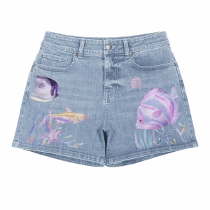 "Mermaidcore" Watercolor Tropical Fish Printed Denim Shorts by JR JEANIUS WEAR