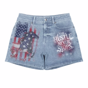 "American Hustle" Flag Horse & Slogan Printed Denim Shorts by JR JEANIUS WEAR