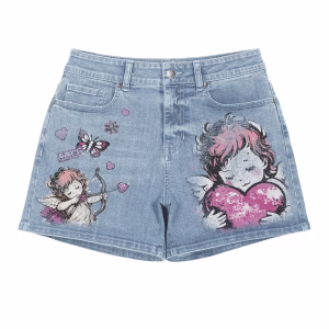 "Cupid's Bow" Vintage Angel & Heart Printed Denim Shorts by JR JEANIUS WEAR