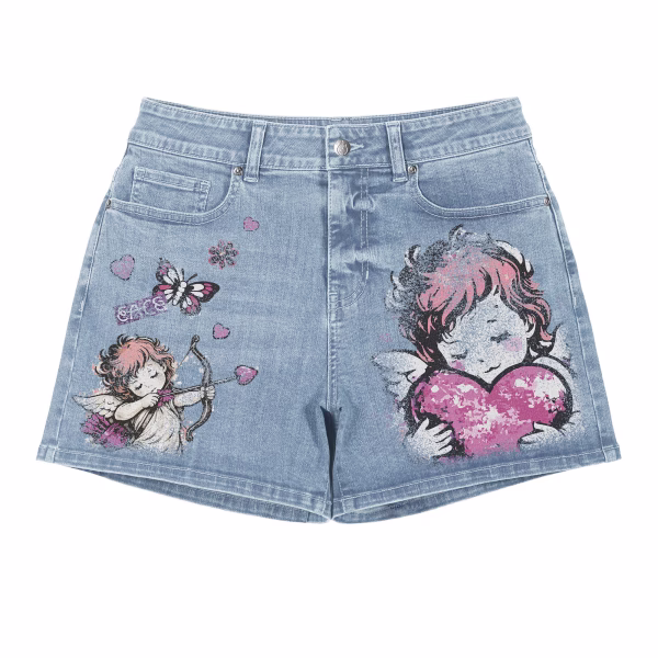 "Cupid's Bow" Vintage Angel & Heart Printed Denim Shorts by JR JEANIUS WEAR