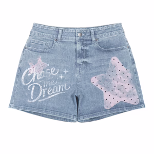 "Dream Chaser" Pastel Star & Slogan Printed Denim Shorts by JR JEANIUS WEAR