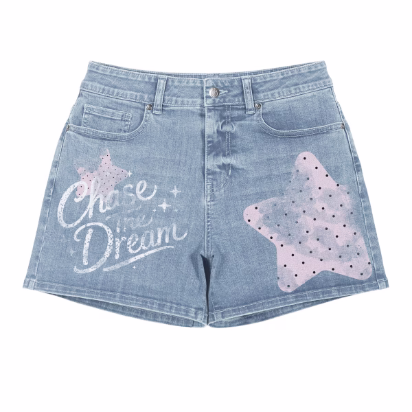 "Dream Chaser" Pastel Star & Slogan Printed Denim Shorts by JR JEANIUS WEAR