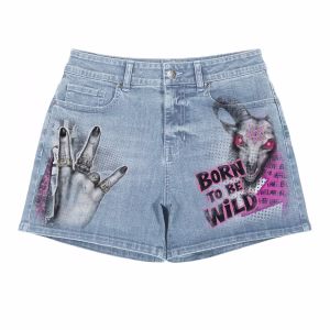 "Born to be Wild" Gothic Skull & Rock Hand Printed Denim Shorts by JR JEANIUS WEAR