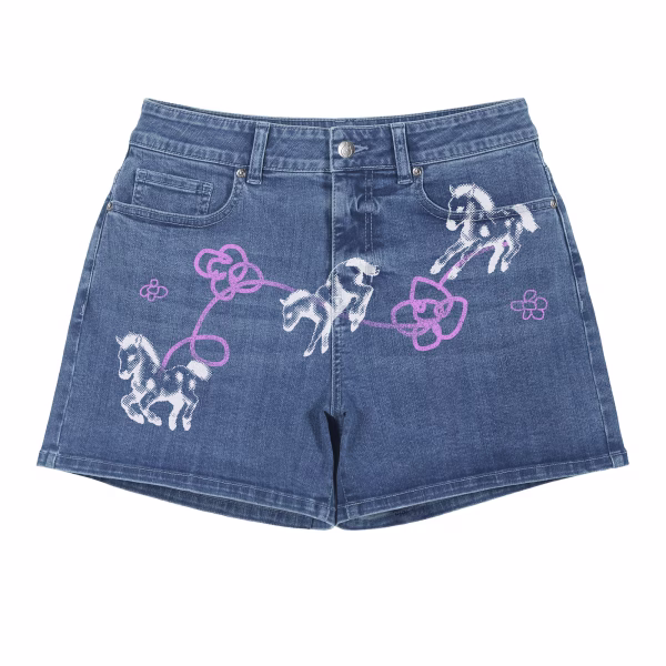 "Pixel Pony & Pink Doodle" Printed Denim Shorts collection product photo