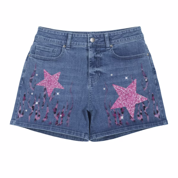 "Glitter Star & Tribal Flame" Printed Denim Shorts collection product photo