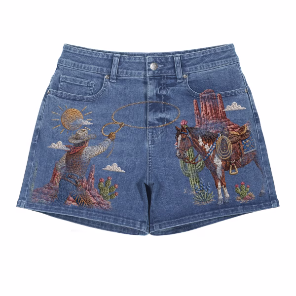 Western Cowboy & Horse Denim Shorts collection product photo