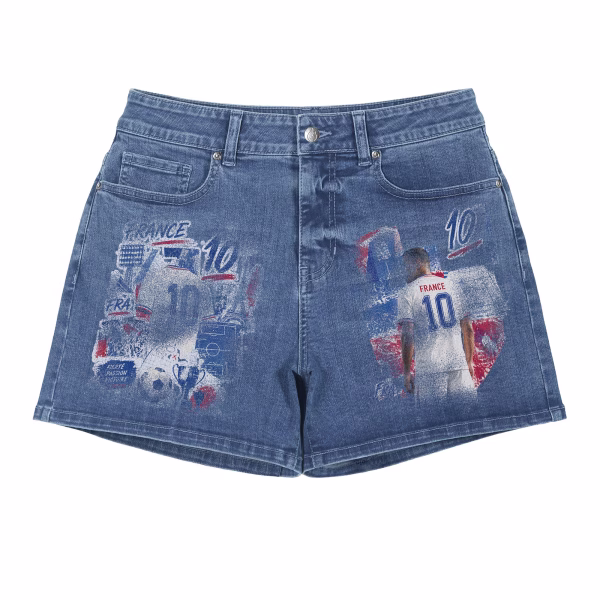 "France No. 10" Vintage Soccer Collage Denim Shorts collection product photo