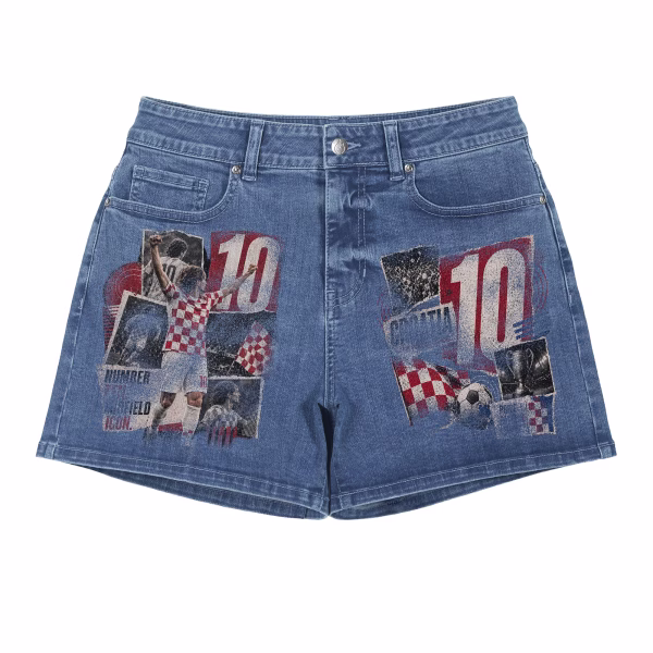 "Croatia No. 10" Vintage Soccer Collage Denim Shorts collection product photo