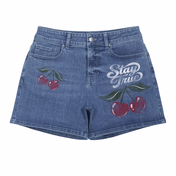 "Stay True" Vintage Cherry Printed Denim Shorts collection product photo