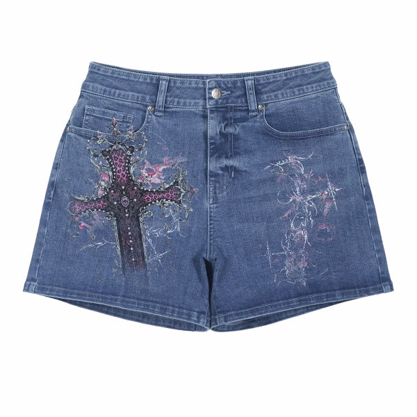"Gothic Leopard Cross" Asymmetrical Denim Shorts collection product photo