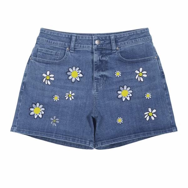 "Smiley Daisy" Scattered Floral Print Denim Shorts collection product photo