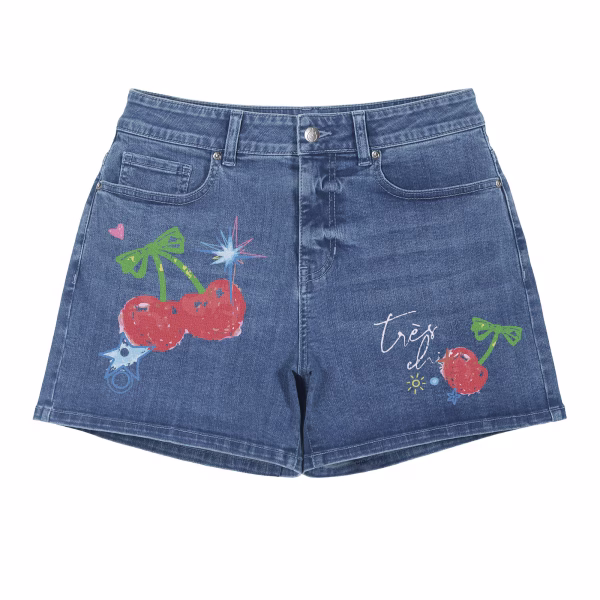 "Très Chic" Hand-Drawn Cherry Printed Denim Shorts collection product photo