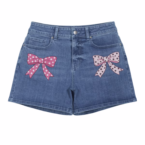 "Polka Dot Coquette" Asymmetrical Bow Printed Denim Shorts collection product photo