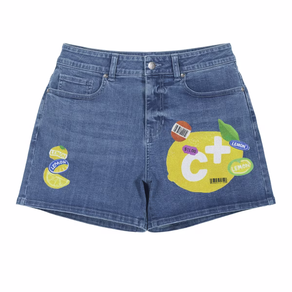 "Vitamin C+" Lemon Sticker Pop-Art Denim Shorts collection product photo