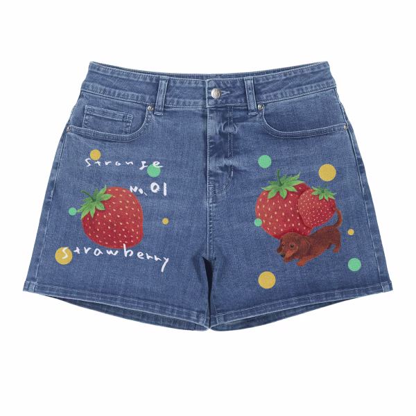 "Strange Strawberry" Dachshund & Fruit Printed Denim Shorts collection product photo