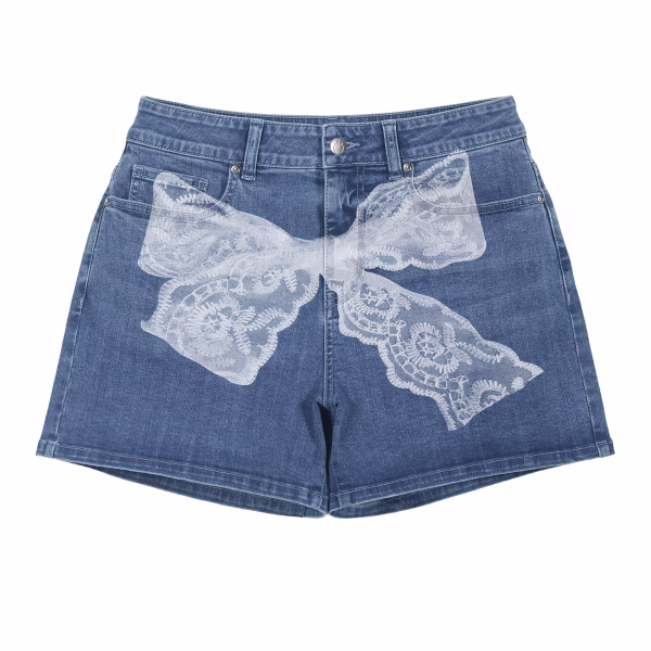 "Lace Illusion" Oversized Bow Printed Denim Shorts collection product photo