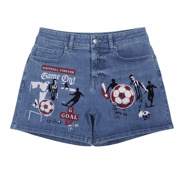 "Game On" Vintage Soccer Graphic Blokecore Denim Shorts collection product photo