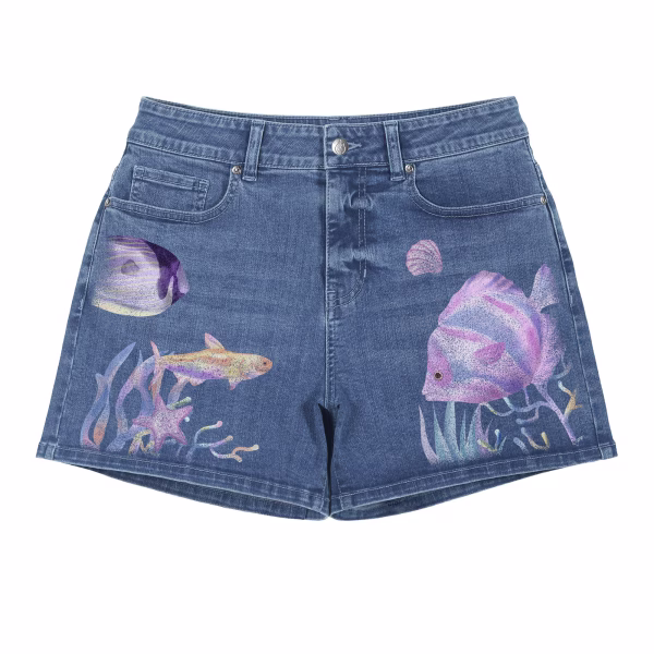 "Mermaidcore" Watercolor Tropical Fish Printed Denim Shorts collection product photo