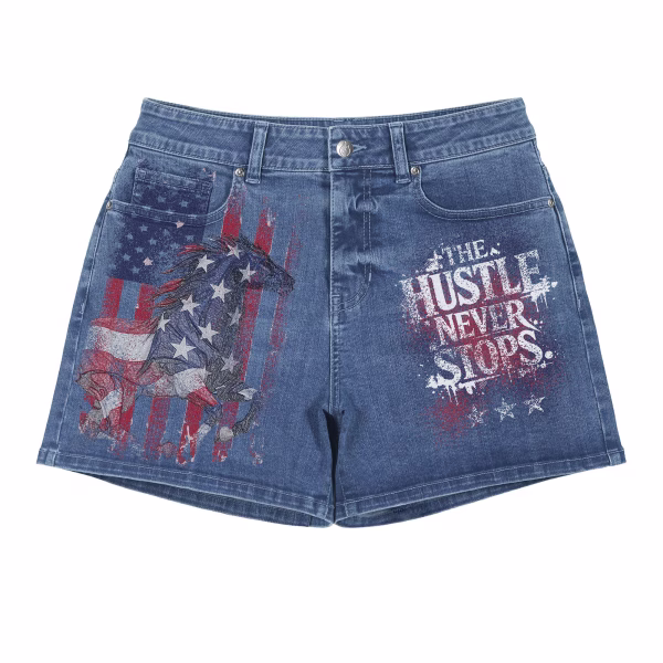 "American Hustle" Flag Horse & Slogan Printed Denim Shorts collection product photo