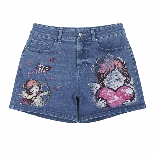 "Cupid's Bow" Vintage Angel & Heart Printed Denim Shorts collection product photo