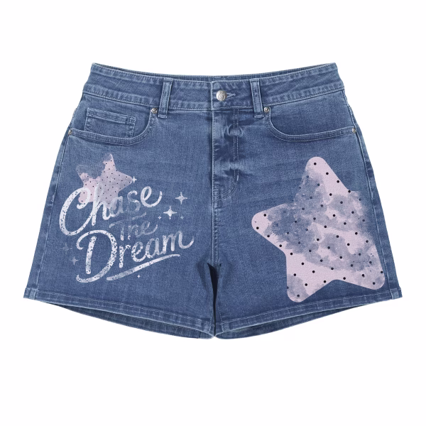 "Dream Chaser" Pastel Star & Slogan Printed Denim Shorts collection product photo