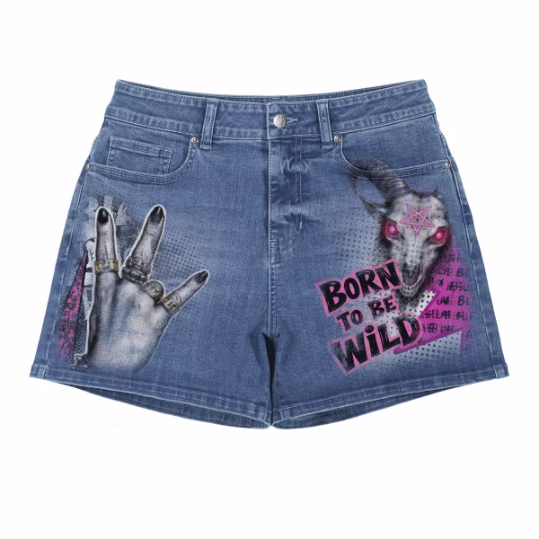 "Born to be Wild" Gothic Skull & Rock Hand Printed Denim Shorts collection product photo